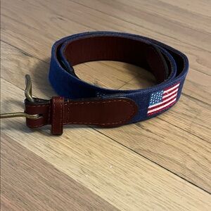 Navy and Brown Men's Belt with Flag Design